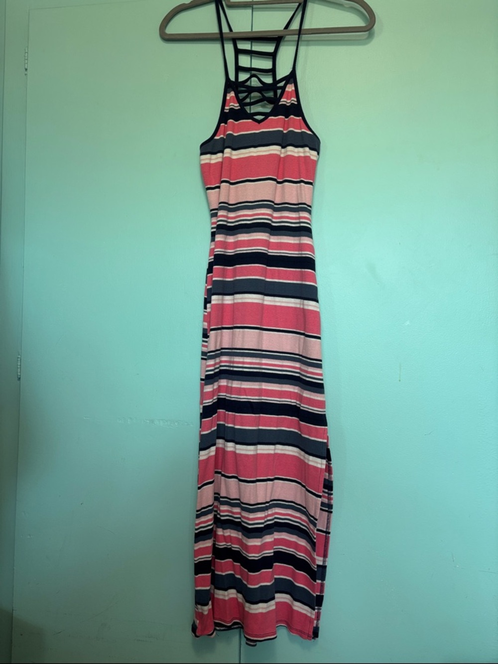 Derek Heart Pink and Navy Striped Maxi Dress with Lattice Front size medium